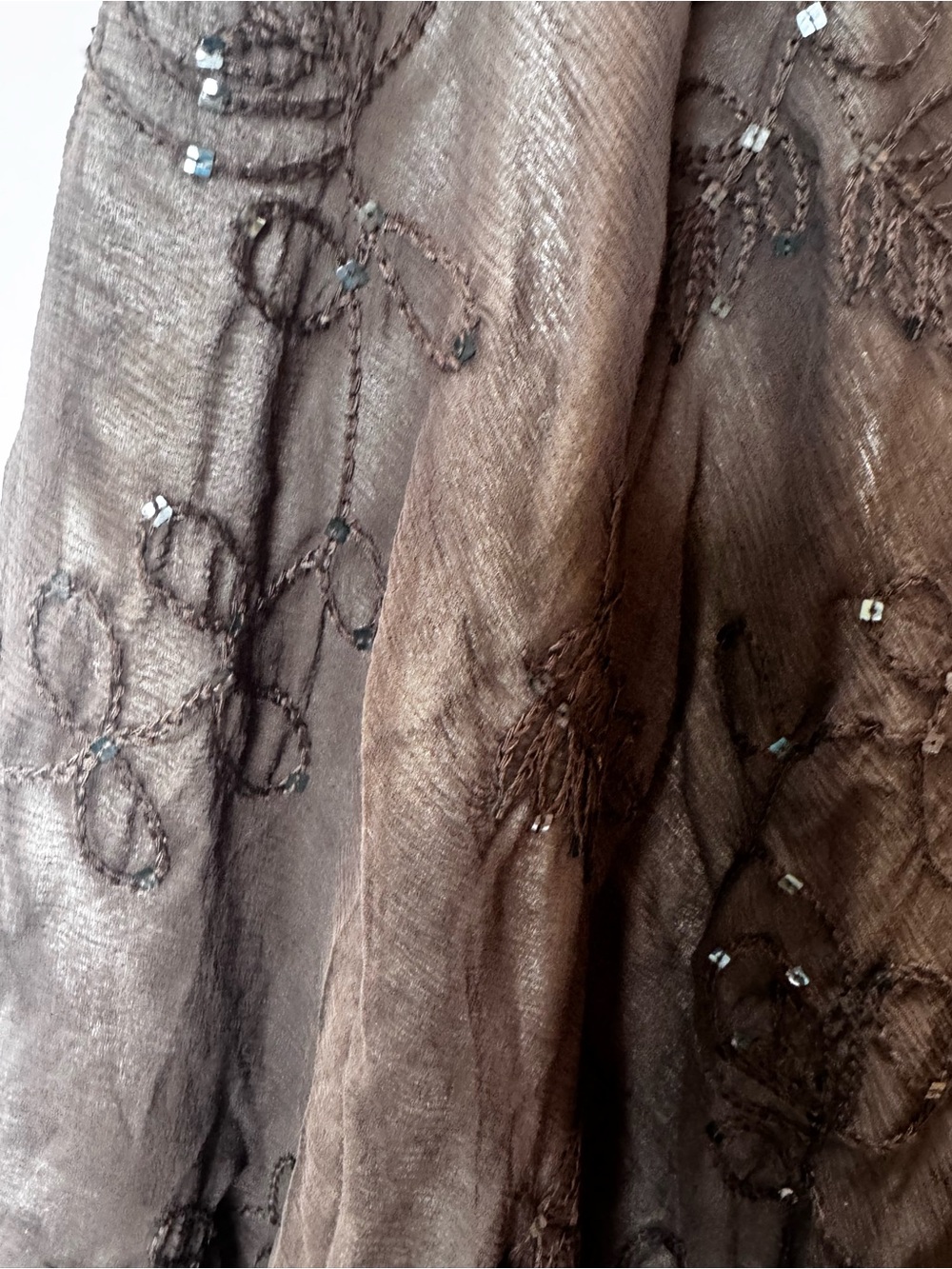 Anne Klein NEW Y2K 100% Silk Sheer Embroidered Sequin Midi Skirt Brown 4 Boho - Picture 13 of 16